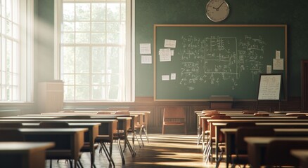 Poster - Sunlit classroom with empty desks, chalkboard filled with equations, and large windows.