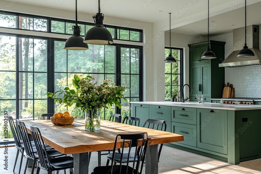 Modern Kitchen with Wooden Dining Table, Black Chairs and Green Cabinets Featuring Large Windows ...