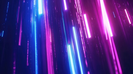 Poster - Neon lines rays of light in speed, vertical abstract glowing background. Dynamic effect futuristic cyberpunk digital fast movement bright laser blue purple backdrop, creative cosmic abstract motion.