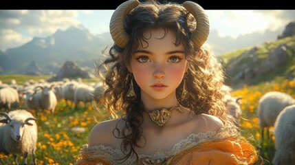 Wall Mural - Thoughtful Young Girl with Curly Hair and Ram Horns in Vibrant Pastoral Landscape