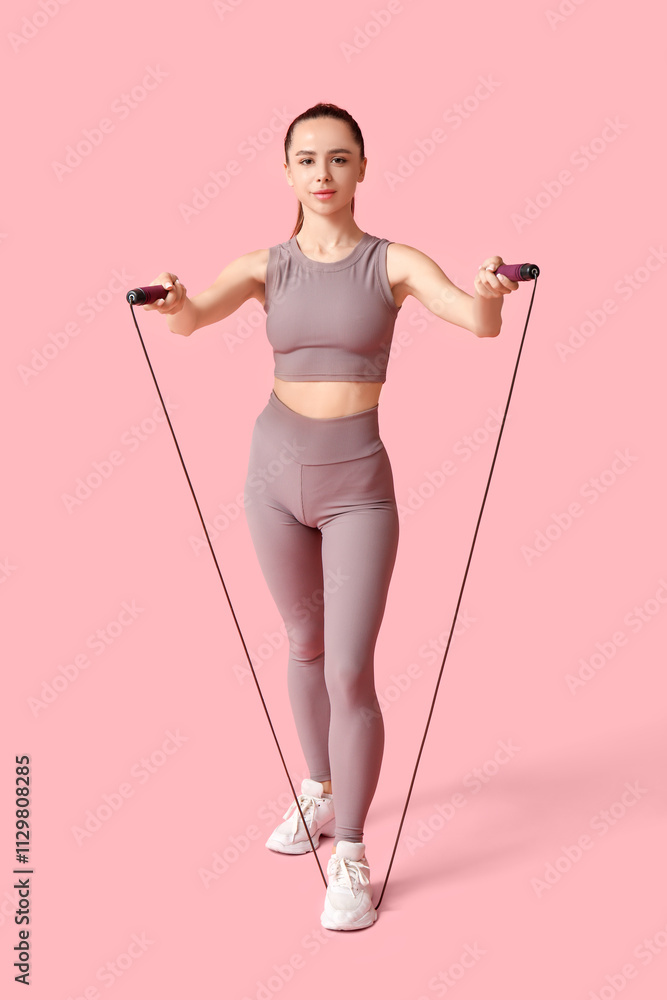 Young female trainer with skipping rope on pink background
