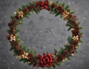 Circular garland made of pinecones, ribbons, and bows, festive circular decoration, circular garland, circular holiday decor