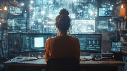 Woman programmer working late at night in front of multiple computer screens showing data streams and code.