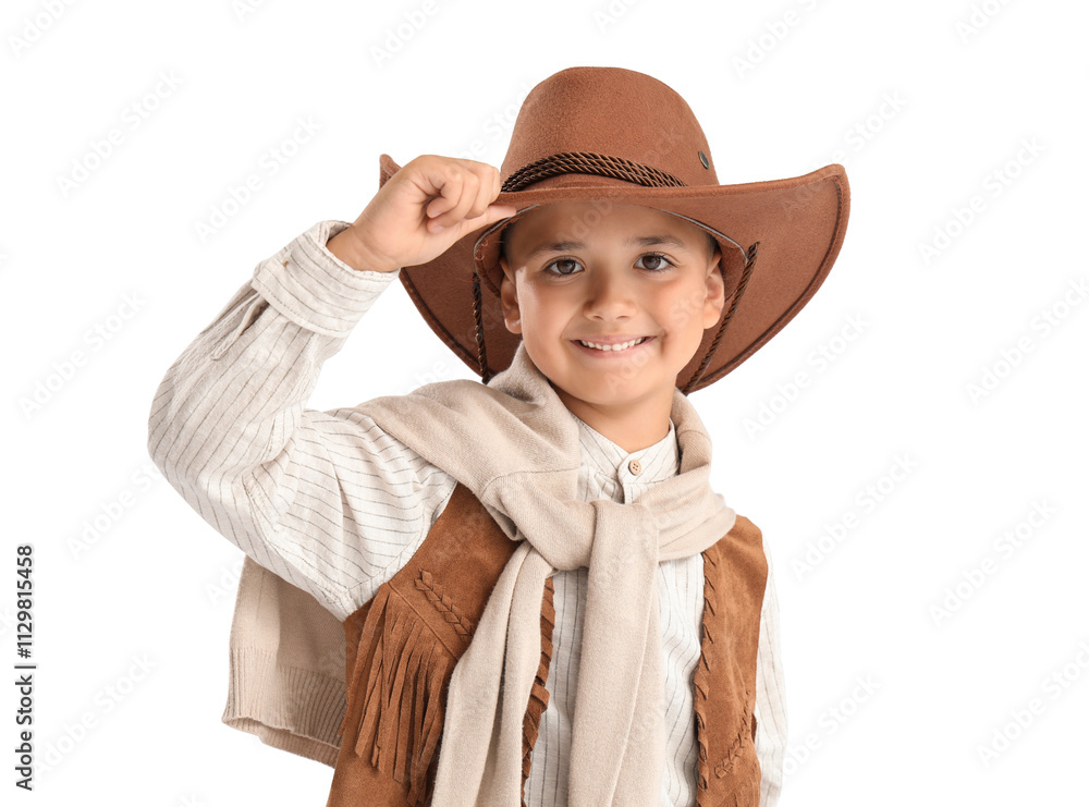 Cute little cowboy on light background