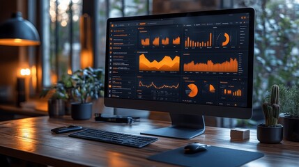 Wall Mural - real-time remote work dashboard displaying analytics and metrics in a cozy workspace setup