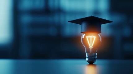 Wall Mural - Graduation concept with a light bulb wearing a cap