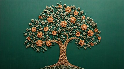 Wall Mural - Charming Knitted Tree Design on a Rich Green Backdrop