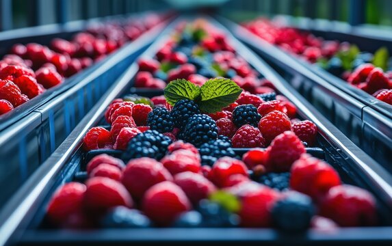 juicy raspberries and blackberries glide down a conveyor belt, a vibrant display of freshness and ab