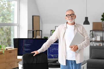 Wall Mural - mature programmer with laptop in office