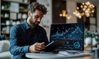 Poster - A person is using a laptop and a cell phone to view a graph