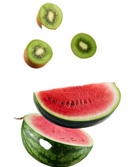 Wall Mural - refreshing textures of falling kiwi and watermelon isolated on white in full depth of field