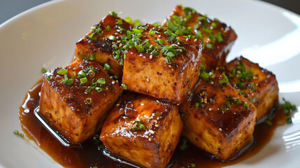 Savory teriyaki tofu stir fry garnished with fresh chives