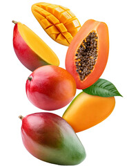 Wall Mural - vibrant tropical colors of falling papaya and mango isolated on white in full depth of field