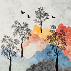 Abstract Watercolor Mountain Landscape with Silhouetted Trees and Birds