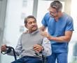 © peopleimages.com - Hospital, walker and nurse with elderly man for care, support and recovery in wheelchair. Healthcare, wellness and senior person with disability with medical worker for rehabilitation and healing