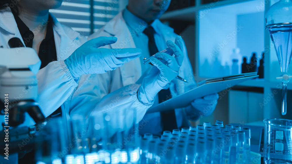 lab, team of medical research scientists work on a new generation ...