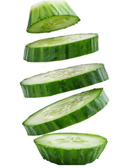Wall Mural - falling chopped cucumber isolated on white background with full depth of field with vibrant green cr