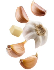 falling chopped garlic isolated on white background with full depth of field with aromatic and savor