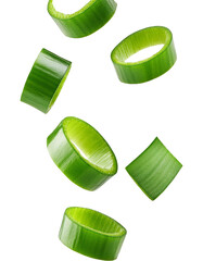 Wall Mural - falling chopped green onion isolated on white background with full depth of field showcasing fresh a