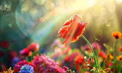 Wall Mural - vibrant red flower in sunlit meadow, with colorful blurred background