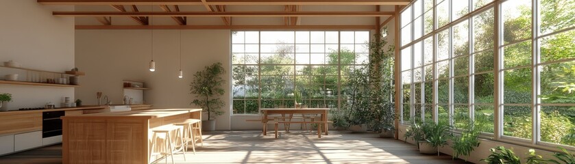 Canvas Print - Modern Minimalist Kitchen with Abundant Natural Light and Greenery