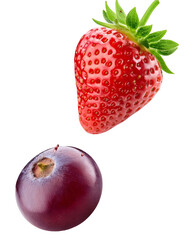 Wall Mural - falling grape and strawberry isolated on white background with full depth of field highlighting juic