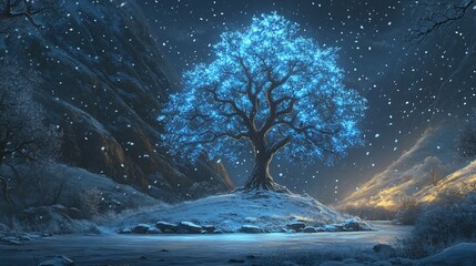 Wall Mural - Glowing blue tree in snowy winter landscape.