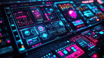Oil petroleum idea. Futuristic interface with glowing buttons and digital data display in vibrant colors.
