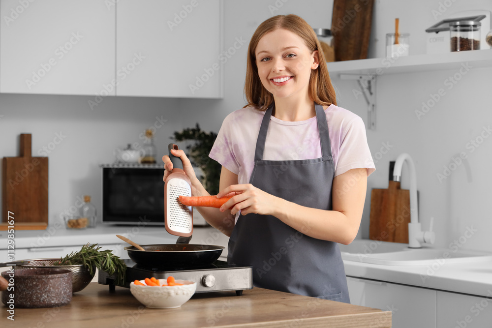 Young woman grating carrot into frying pan in kitchen