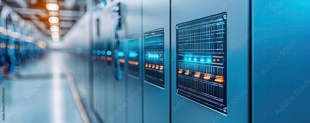 Data Center Machine Solar sustainability concept. Close-up view of data center equipment ...