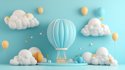 Poster - Pastel blue hot air balloon scene with clouds and balloons.