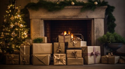 Wall Mural - A stack of vintage-style Christmas gift boxes, each wrapped with brown kraft paper, twine, and fresh green holly sprigs, sitting by a roaring fireplace, nostalgic and charming vibe