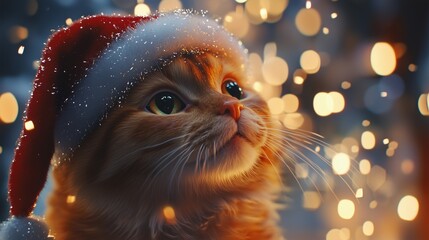 Wall Mural - Christmas-Themed Ginger Cat with Santa Hat and Sparkling Lights