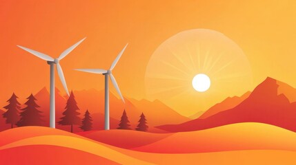 Wall Mural - Sunset Over Mountains with Wind Turbines in a Colorful Landscape