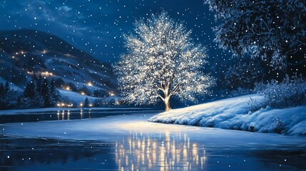 Wall Mural - Magical snowy landscape with illuminated tree by frozen lake at night.