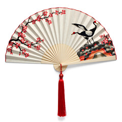 Wall Mural - Graceful fan with cranes and blossoms  a serene symbol of tradition and artistry, digital art of still life concept.