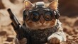 © mochalfin - A tabby cat in military gear, goggles, and vest, holding a rifle in a desert setting.