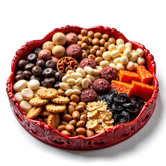 A vibrant array of artisan sweets in an elegant red tray perfectly arranged for a festive occasion, photography of food styling concept.