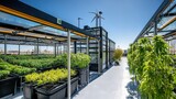 Rooftop hemp cultivation with modern technology, showcasing sustainable farming practices under a sunny sky.