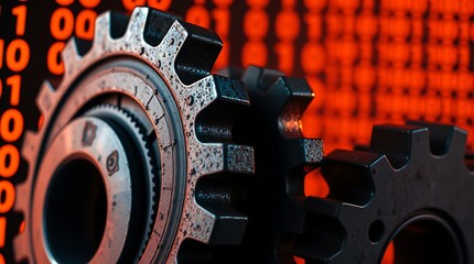 Gears on binary code symbolize rust's efficiency and performance in system programming.