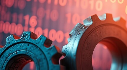 Gears on binary code symbolize rust's efficiency and performance in system programming.