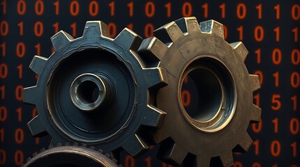 Gears on binary code symbolize rust's efficiency and performance in system programming.