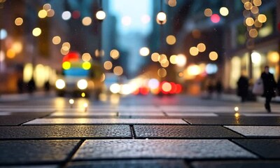 Canvas Print - Wet cobblestone street at night with blurred city lights and bokeh.