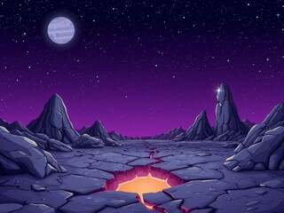fantasy alien planet with purple galaxy sky, craters, rocks, crack, stars, space background, rocks, 