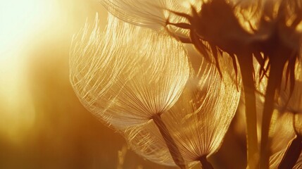 114.High-detail macro shot of dandelion seeds with backlight streaming through, capturing the intricate web of fluffy filaments; the soft, warm glow gives an ethereal quality to this close-up.