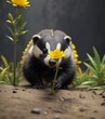 © Prasert - Small badger crouching behind a bright yellow flower stalk, hiding place, flowers