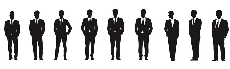 Set of silhouettes of men in suits, business people standing, in a red color, on transparent background. 