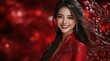 © hakule - A woman in a red Chinese traditional Hanfu dress with long hair and earrings is smiling