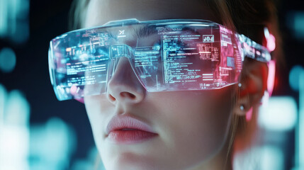 Female programmer wearing futuristic glasses, immersed in digital data, showcasing technology and innovation in modern workspace. Her focus reflects dedication and creativity