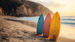 © Your Hand Please - surfboards standing upright in the sand, evoking tranquility, adventure, and the spirit of the ocean. A symbol of coastal lifestyle and the pursuit of waves